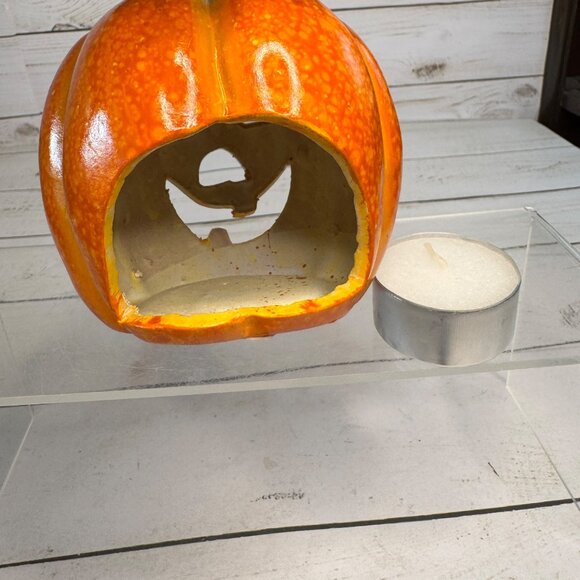Ceramic Halloween Pumpkin Tea Light Holder Carved Face Green Leaves Fall Decor - Picture 6 of 8